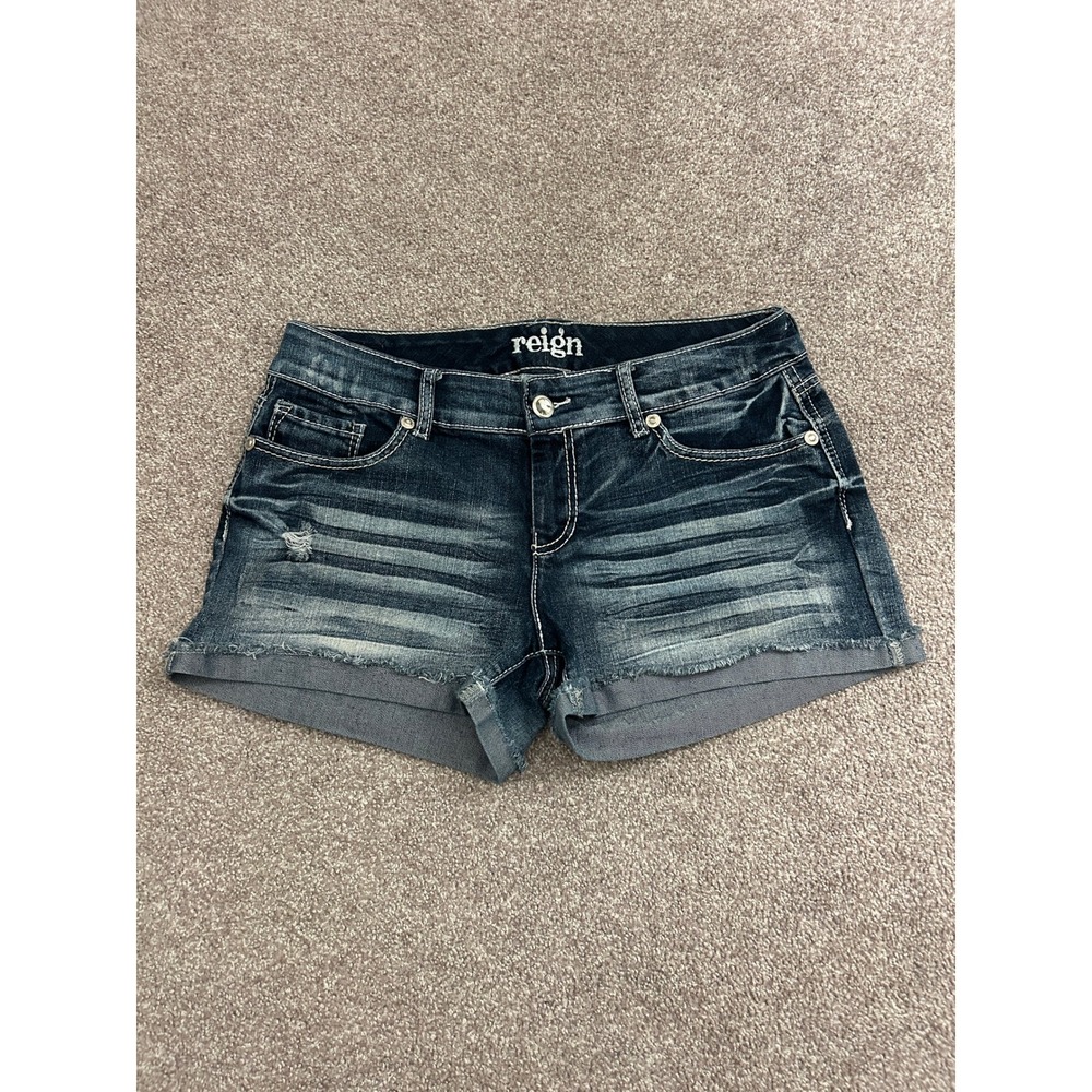 Reign Denim Shorts Womens 11 Dark Wash Excellent Curvy Whiskered Raw Hem